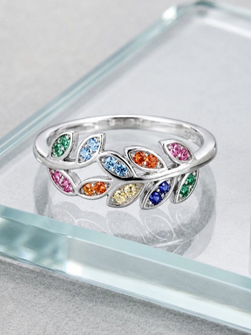 Multicolor CZ Leaf Vine Ring S925 Sterling Silver Cottagecore Naturecore Size 7